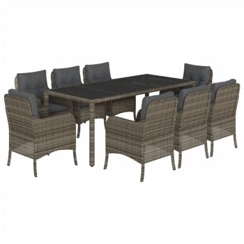 9-tlg. Garten-Essgruppe mit Kissen Grau Poly Rattan
