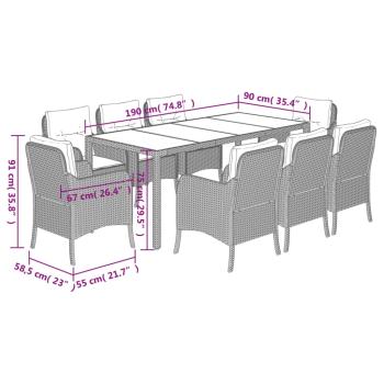 9-tlg. Garten-Essgruppe mit Kissen Grau Poly Rattan