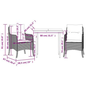 3-tlg. Garten-Essgruppe mit Kissen Grau Poly Rattan