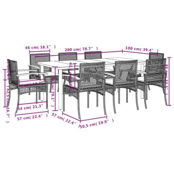 9-tlg. Garten-Essgruppe mit Kissen Grau Poly Rattan