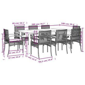 9-tlg. Garten-Essgruppe mit Kissen Schwarz Poly Rattan