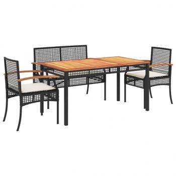 4-tlg. Garten-Essgruppe mit Kissen Schwarz Poly Rattan