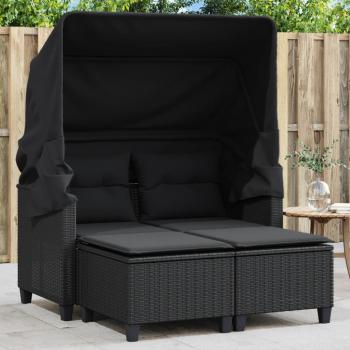 ARDEBO.de - Gartensofa 2-Sitzer mit Dach und Hockern Schwarz Poly Rattan