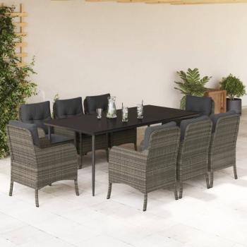 ARDEBO.de - 9-tlg. Garten-Essgruppe mit Kissen Grau Poly Rattan