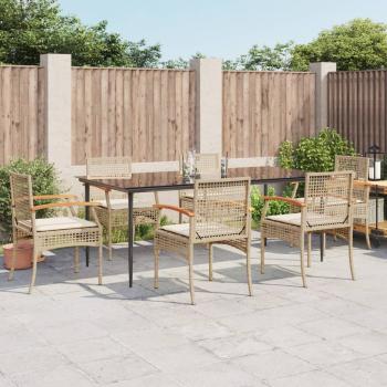 ARDEBO.de - 7-tlg. Garten-Essgruppe mit Kissen Beige Poly Rattan
