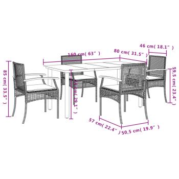 5-tlg. Garten-Essgruppe mit Kissen Grau Poly Rattan