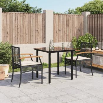 ARDEBO.de - 3-tlg. Garten-Essgruppe mit Kissen Schwarz Poly Rattan