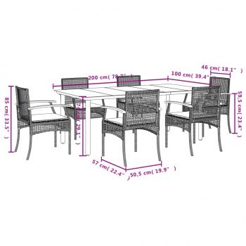 7-tlg. Garten-Essgruppe mit Kissen Schwarz Poly Rattan