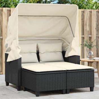 ARDEBO.de - Gartensofa 2-Sitzer mit Dach und Hockern Schwarz Poly Rattan