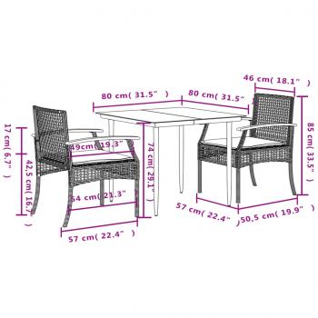 3-tlg. Garten-Essgruppe mit Kissen Grau Poly Rattan