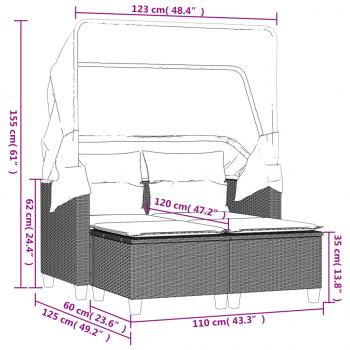 Gartensofa 2-Sitzer mit Dach und Hockern Hellgrau Poly Rattan
