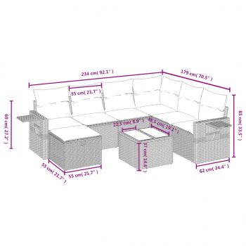 8-tlg. Garten-Sofagarnitur mit Kissen Grau Poly Rattan