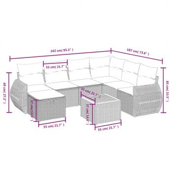 8-tlg. Garten-Sofagarnitur mit Kissen Grau Poly Rattan