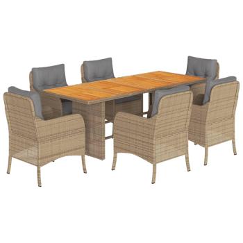 ARDEBO.de - 7-tlg. Garten-Essgruppe mit Kissen Beige Poly Rattan