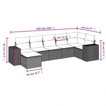 7-tlg. Garten-Sofagarnitur mit Kissen Schwarz Poly Rattan