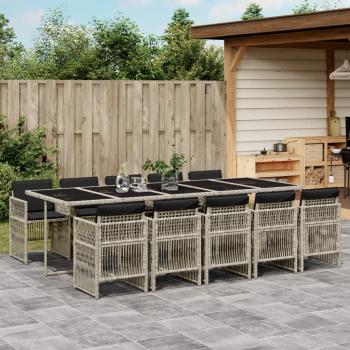 ARDEBO.de - 11-tlg. Garten-Essgruppe mit Kissen Hellgrau Poly Rattan