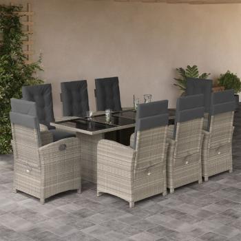 ARDEBO.de - 9-tlg. Garten-Essgruppe mit Kissen Hellgrau Poly Rattan