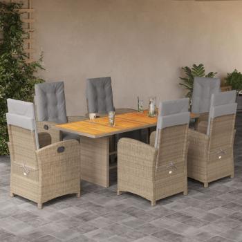 ARDEBO.de - 7-tlg. Garten-Essgruppe mit Kissen Beige Poly Rattan