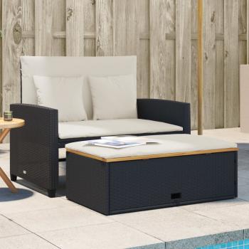 ARDEBO.de - Gartensofa mit Kissen 2-Sitzer Schwarz Poly Rattan&Akazienholz