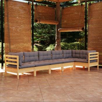 ARDEBO.de - 6-tlg. Garten-Lounge-Set mit Grauen Kissen Kiefernholz