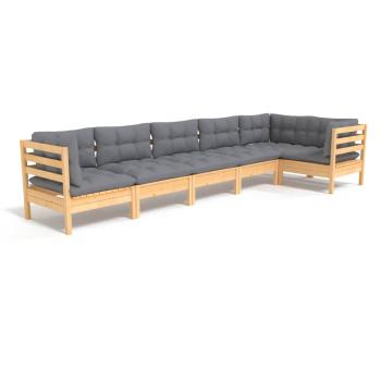 6-tlg. Garten-Lounge-Set mit Grauen Kissen Kiefernholz