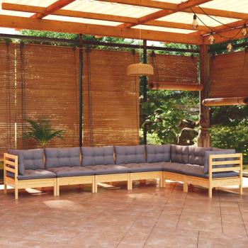 ARDEBO.de - 7-tlg. Garten-Lounge-Set mit Grauen Kissen Kiefer Massivholz