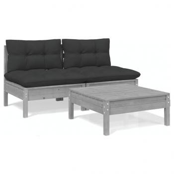 3-tlg. Garten-Lounge-Set mit Anthrazit Kissen Kiefernholz