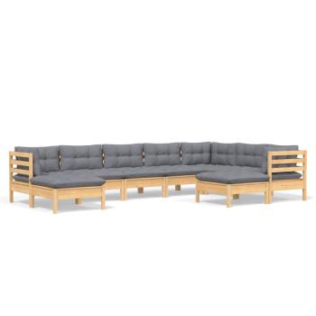 9-tlg. Garten-Lounge-Set mit Grauen Kissen Kiefer Massivholz