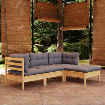 ARDEBO.de - 4-tlg. Garten-Lounge-Set mit Grauen Kissen Kiefernholz