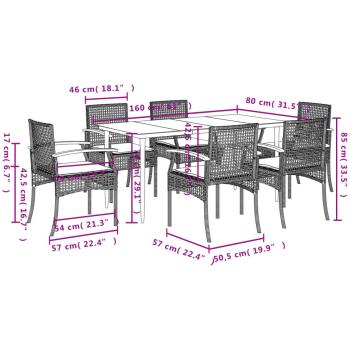 7-tlg. Garten-Essgruppe mit Kissen Grau Poly Rattan