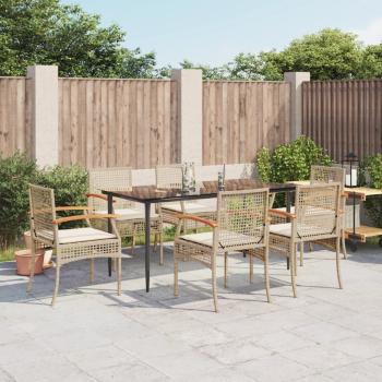 ARDEBO.de - 7-tlg. Garten-Essgruppe mit Kissen Beige Poly Rattan