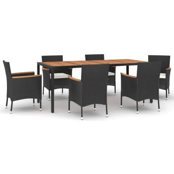 7-tlg. Garten-Essgruppe mit Kissen Schwarz Poly Rattan