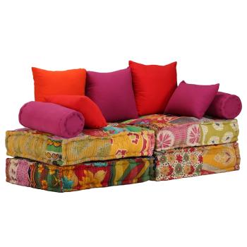 2-Sitzer Modularer Pouf Patchwork Stoff 