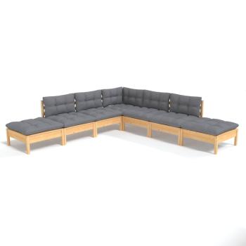 7-tlg. Garten-Lounge-Set mit Grauen Kissen Kiefernholz