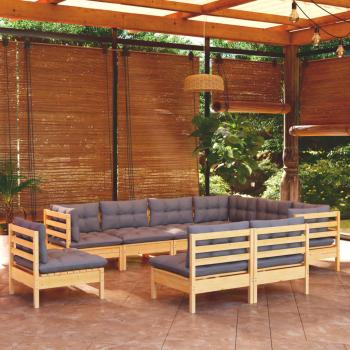 ARDEBO.de - 9-tlg. Garten-Lounge-Set mit Grauen Kissen Kiefer Massivholz