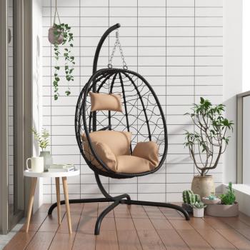ARDEBO.de - Hängesessel Ei mit Kissen Taupe Poly Rattan & Stahl