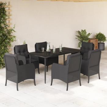 ARDEBO.de - 7-tlg. Garten-Essgruppe mit Kissen Schwarz Poly Rattan