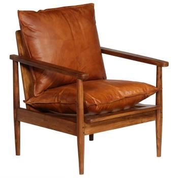 Sessel Braun Echtleder mit Akazienholz  