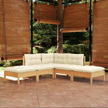 ARDEBO.de - 5-tlg. Garten-Lounge-Set mit Creme Kissen Kiefernholz