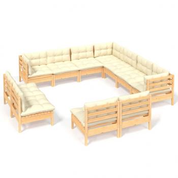 ARDEBO.de - 11-tlg. Garten-Lounge-Set mit Creme Kissen Massivholz Kiefer