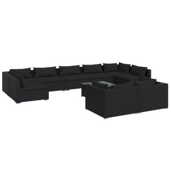 10-tlg. Garten-Lounge-Set mit Kissen Schwarz Poly Rattan