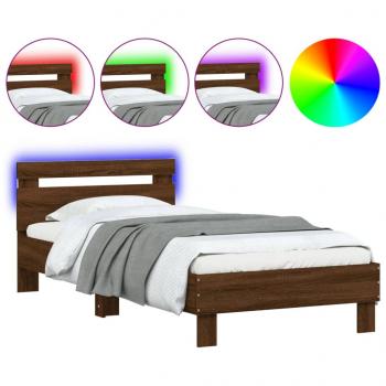Bettgestell mit Kopfteil und LED-Leuchten Braun Eiche 90x200 cm