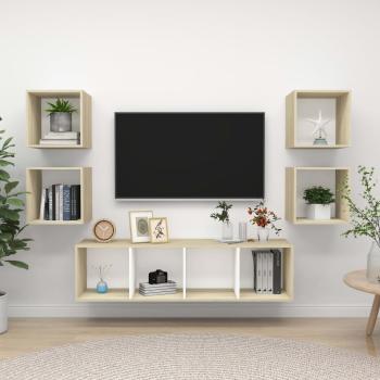 ARDEBO.de - 5-tlg. TV-Schrank-Set Weiß Sonoma-Eiche Holzwerkstoff