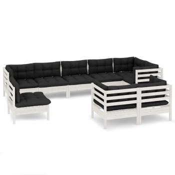 9-tlg. Garten-Lounge-Set mit Kissen Weiß Kiefer Massivholz