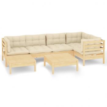 7-tlg. Garten-Lounge-Set mit Creme Kissen Massivholz Kiefer