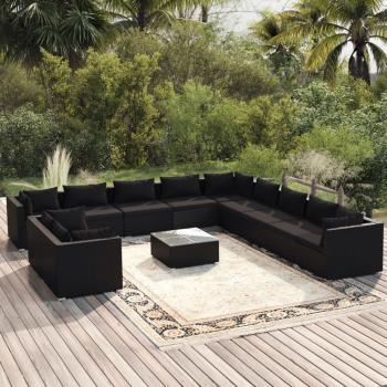 ARDEBO.de - 12-tlg. Garten-Lounge-Set mit Kissen Schwarz Poly Rattan