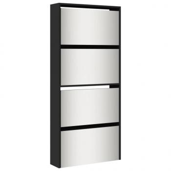 Schuhschrank mit Spiegel 4 Fächer Schwarz 63x17x134 cm