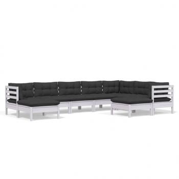 9-tlg. Garten-Lounge-Set mit Kissen Weiß Kiefer Massivholz