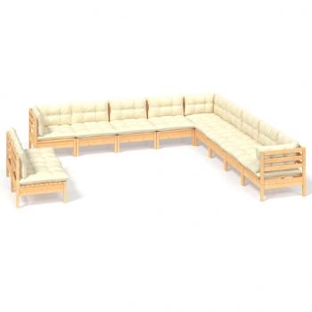 ARDEBO.de - 11-tlg. Garten-Lounge-Set mit Creme Kissen Massivholz Kiefer