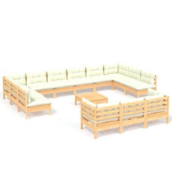 14-tlg. Garten-Lounge-Set mit Creme Kissen Kiefernholz